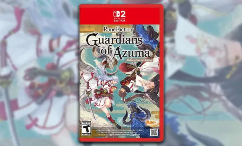 Rune Factory: Guardians of Azuma Nintendo Switch game cover featuring anime-style characters in battle with mythical creatures.