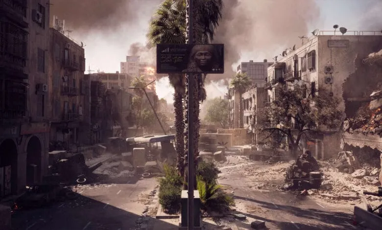 A war-torn city street scene; rubble, destroyed vehicles, and smoke fill the area. A billboard displays a woman's portrait.