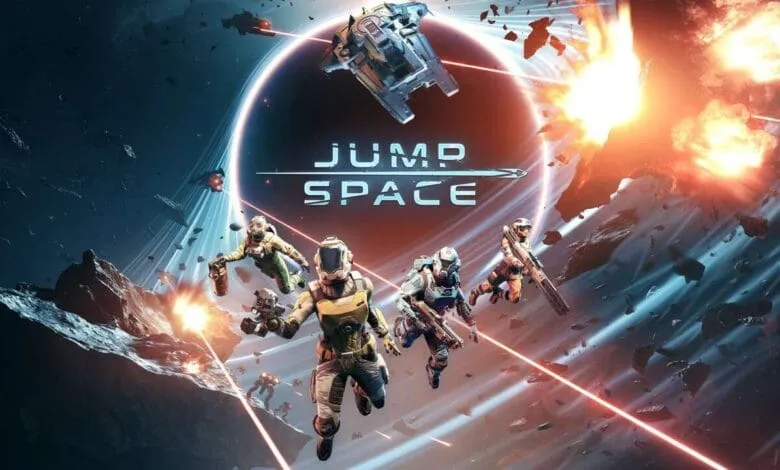 Jump Space video game key art: four astronauts in futuristic suits battle in space amidst asteroids and laser fire.