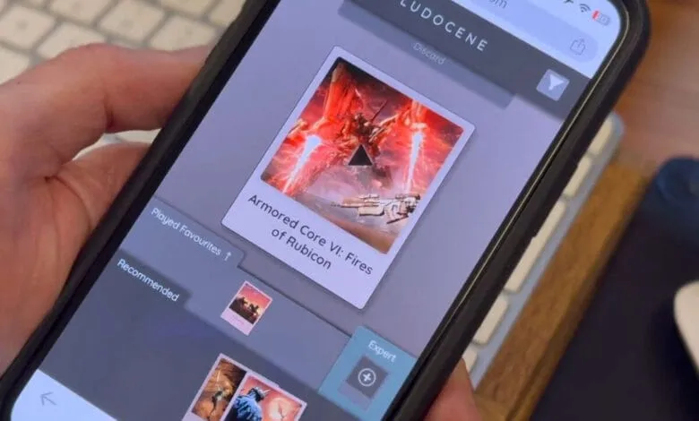 Close-up of a smartphone displaying the Armored Core VI: Fires of Rubicon game on the Ludocène app.