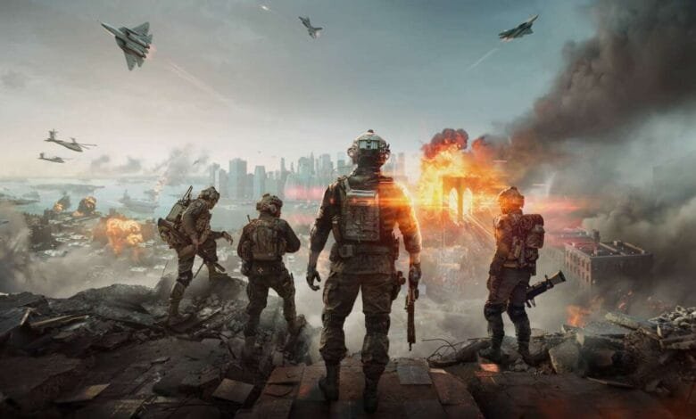 Soldiers survey a war-torn cityscape; explosions and military aircraft fill the sky.