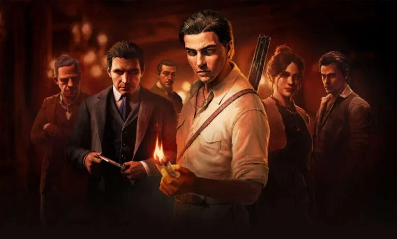 A group of characters, some in period attire, stand in a dimly lit room; one holds a lit match. Intriguing and mysterious.