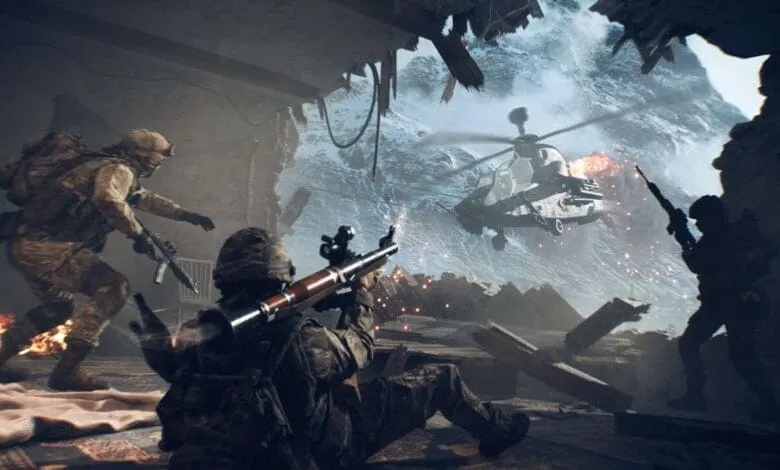 Soldiers in combat amidst a destroyed building, a helicopter under fire in the background.