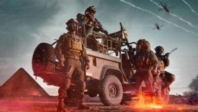 Soldiers in tactical gear stand by a military vehicle near pyramids, helicopters fly overhead.