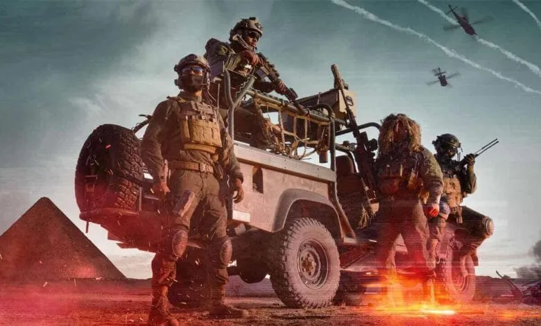 Soldiers in tactical gear stand by a military vehicle near pyramids, helicopters fly overhead.