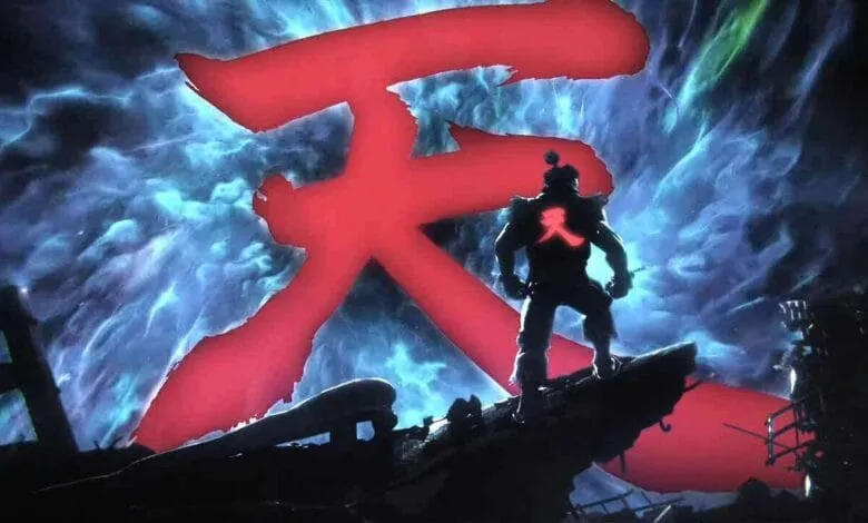 A silhouetted figure stands on rubble against a backdrop of swirling blue and red energy, featuring a large red kanji character.