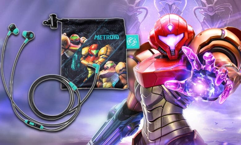 Metroid-themed earbuds with carrying case, showcasing Samus Aran in action.