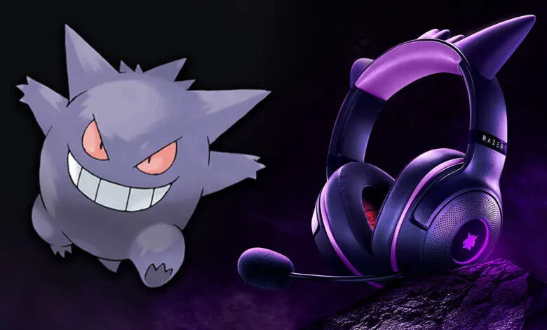 Razer Gengar headset with purple accents and Gengar Pokémon graphic.