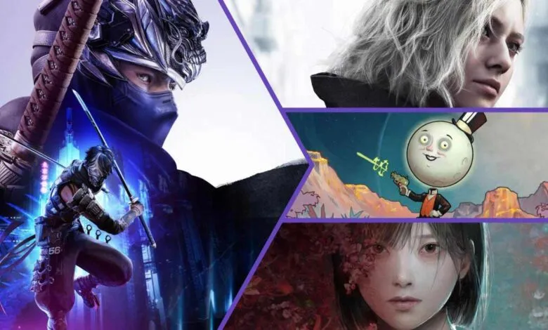 Collage of video game artwork featuring a ninja, a woman with short gray hair, a cartoon moon character, and a young woman.