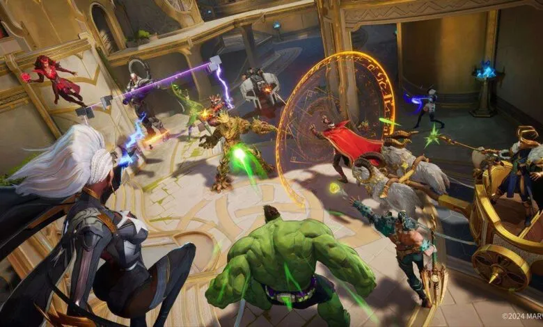 Marvel characters in intense battle within a grand arena, featuring Hulk, Storm, and Doctor Strange.