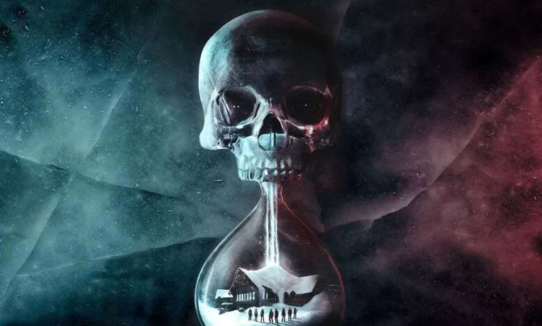 A skull atop an hourglass containing a snowy scene; evokes themes of time, mortality, and winter.