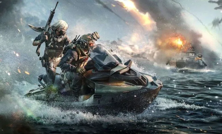 Two soldiers on a jet ski speed through rough waters, weapons drawn, toward a burning warship in the background.