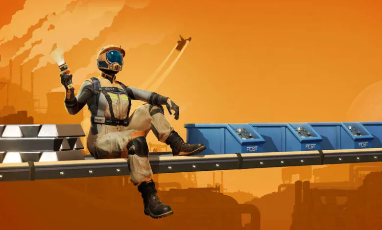 Futuristic worker in orange and beige suit sits on a conveyor belt with metal bars and blue containers, against an orange industrial backdrop.
