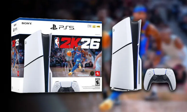 PS5 console with NBA 2K26 game, showcasing the white console, controller, and game box featuring Shai Gilgeous-Alexander.