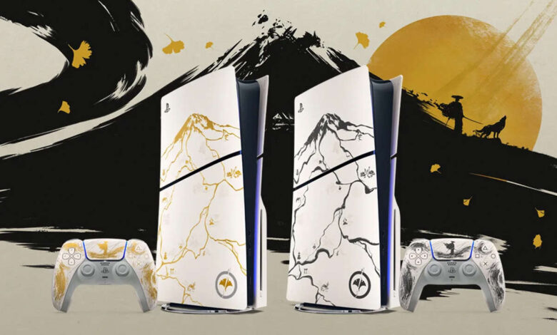 Limited edition PlayStation 5 consoles with custom Ghost of Tsushima designs. Gold and black versions shown with matching controllers.