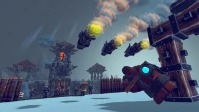 Stylized video game scene: catapults fire projectiles at a stone fortress guarded by soldiers. Dark, moody atmosphere.