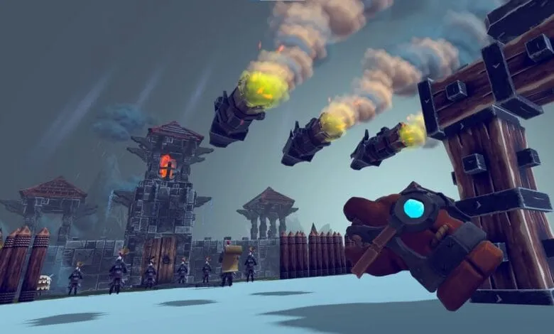 Stylized video game scene: catapults fire projectiles at a stone fortress guarded by soldiers. Dark, moody atmosphere.