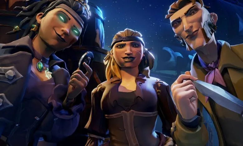 Three stylized pirate characters, a woman with dark hair, a blonde woman, and a man with brown hair, smile mischievously against a night sky backdrop.