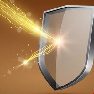 A metallic shield deflects glowing yellow energy beams, symbolizing strong protection.