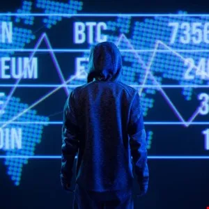 Person in hoodie facing away from a large screen displaying global cryptocurrency market data.