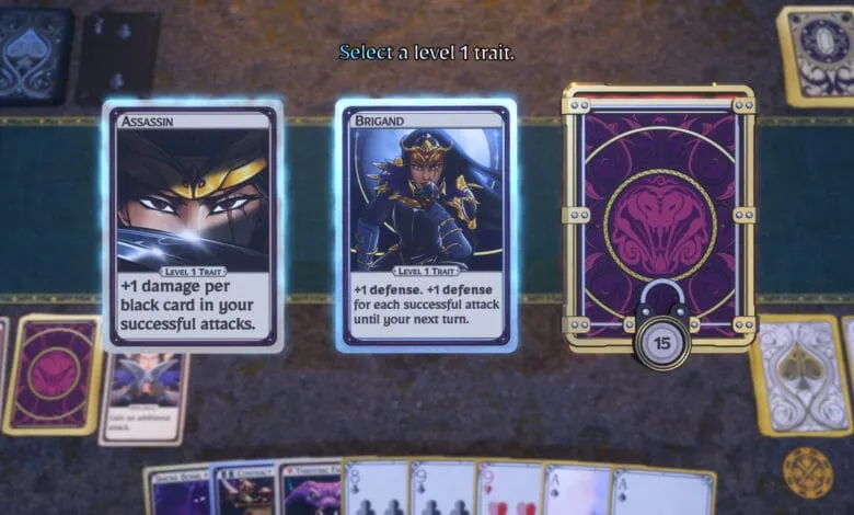 Digital card game showing Assassin, Brigand, and a locked card #15. Choose a level 1 trait.