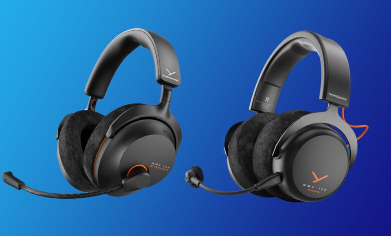 Two Beyerdynamic MMX headsets, one wireless and one wired, shown against a blue background. High-quality audio.