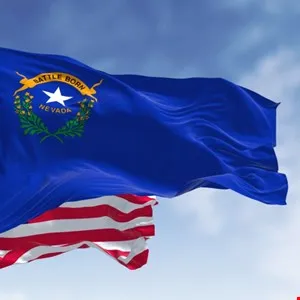 Nevada state flag waving against a blue sky.