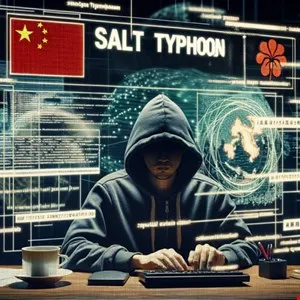 Hooded figure at computer, screens displaying 'SALT TYPHOON', China flag, and a flower symbol, suggesting a cyberattack.