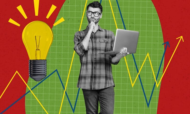A man holds a laptop, thoughtfully considering a bright idea represented by a lightbulb, set against a backdrop of upward-trending graphs.