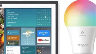 Smart home dashboard showing schedule, weather, and smart home device controls, alongside a Sengled multicolor smart bulb.