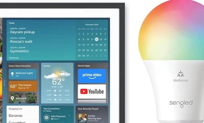 Smart home dashboard showing schedule, weather, and smart home device controls, alongside a Sengled multicolor smart bulb.