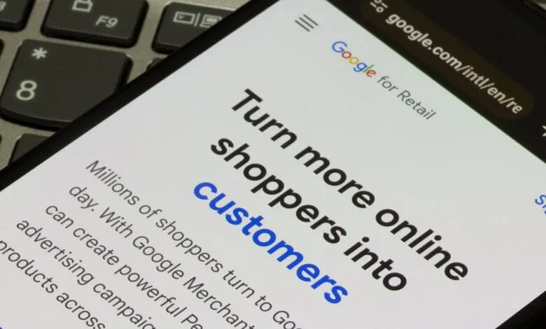Smartphone displays Google for Retail webpage, advertising solutions to convert online shoppers into customers.