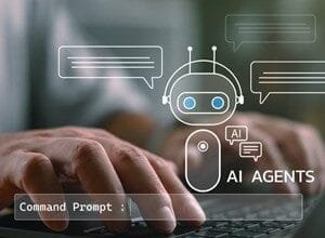 Close-up of hands typing on a laptop with an AI chatbot interface overlaid, showing AI agents interacting.