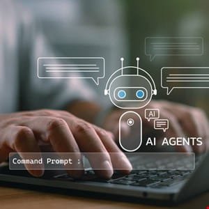 Close-up of hands typing on a laptop with an AI chatbot interface overlaid, showing AI agents interacting.