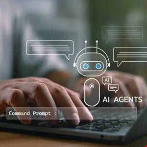 Close-up of hands typing on a laptop with an AI chatbot interface overlaid, showing AI agents interacting.