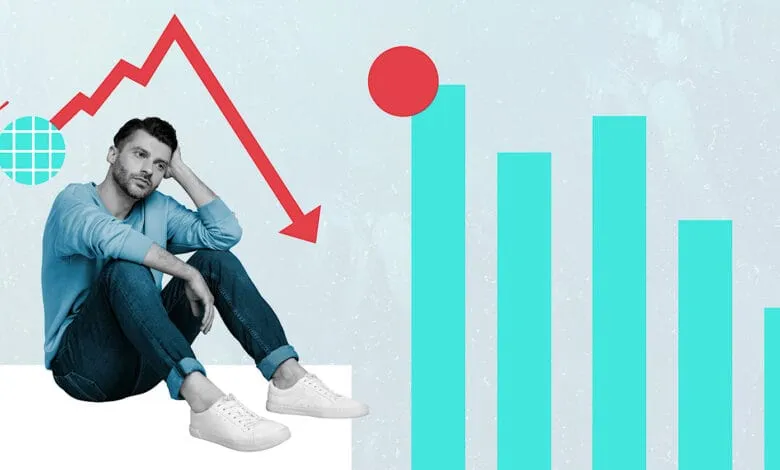 Collage depicting a stressed businessman sitting amidst falling graphs and global economic downturn symbols.