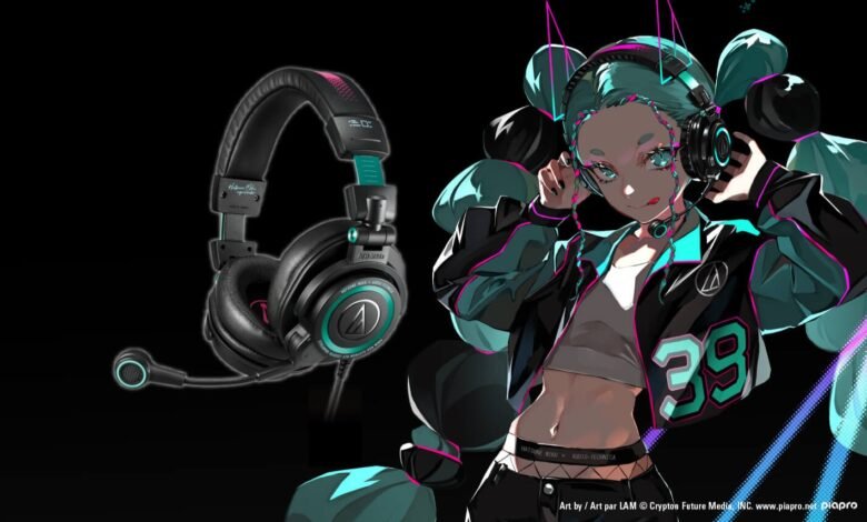 Audio-Technica headphones with Hatsune Miku design; vibrant teal and pink accents against a black background.
