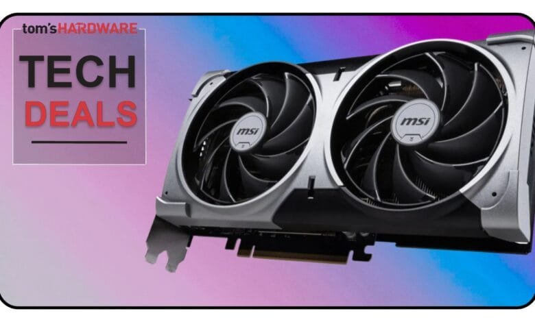 MSI graphics card featured in Tom's Hardware Tech Deals; silver and black with dual fans.