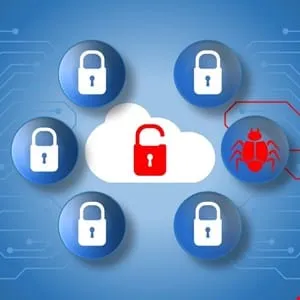 Cloud security breach: A red bug attacks a vulnerable cloud padlock surrounded by secure locks.