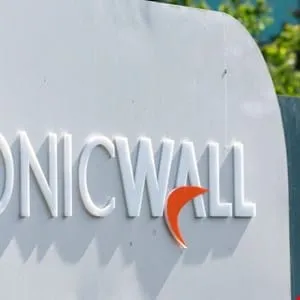 Close-up of the SonicWall logo on a white sign.