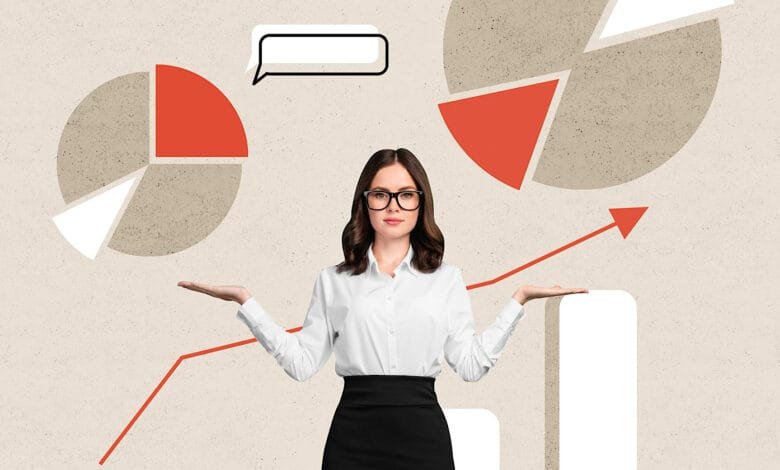Businesswoman in glasses presenting data charts and graphs, symbolizing growth and financial success.