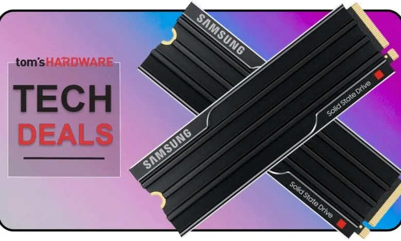 Two black Samsung Solid State Drives displayed against a purple and blue gradient background. Tom's Hardware Tech Deals logo is in the corner.