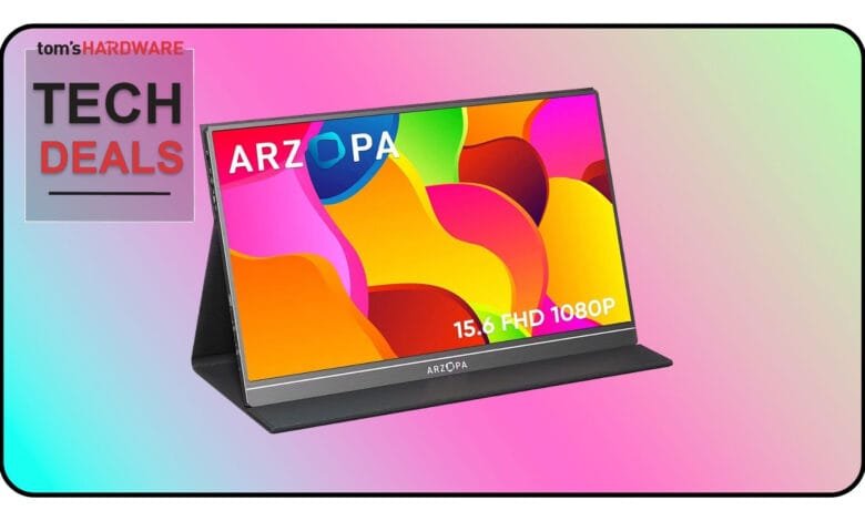 15.6-inch ARZOPA portable monitor with vibrant colorful display, showcased in a tech deals advertisement.