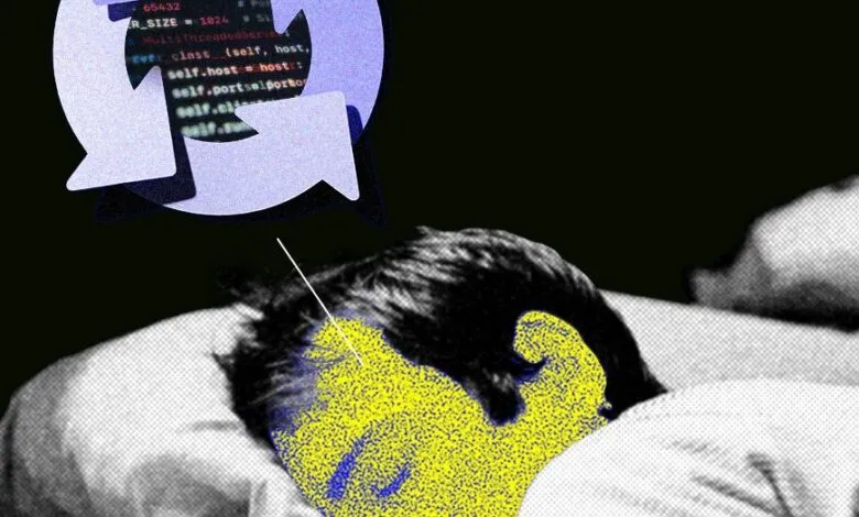 Person sleeping in bed, overlaid with code and a circular arrow, suggesting dreams of programming or AI.