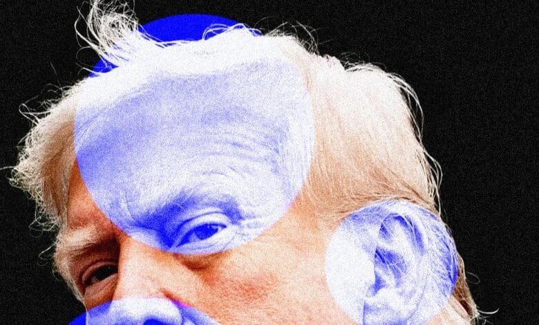 Close-up of Donald Trump's face, partially obscured by blue circles.