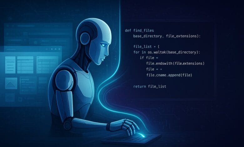 A futuristic robot diligently codes at a sleek keyboard, surrounded by a glowing blue interface and Python code.
