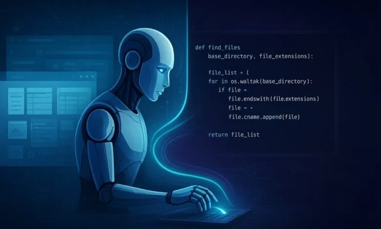 A futuristic robot diligently codes at a sleek keyboard, surrounded by a glowing blue interface and Python code.
