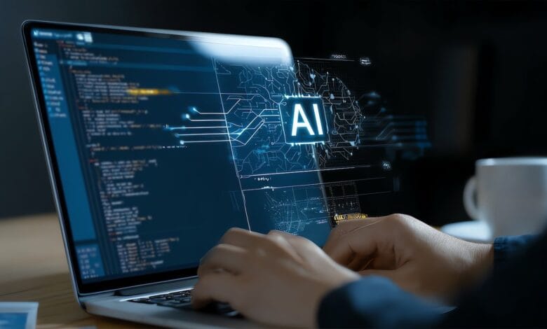 Person's hands code on laptop; screen displays AI code and circuitry.