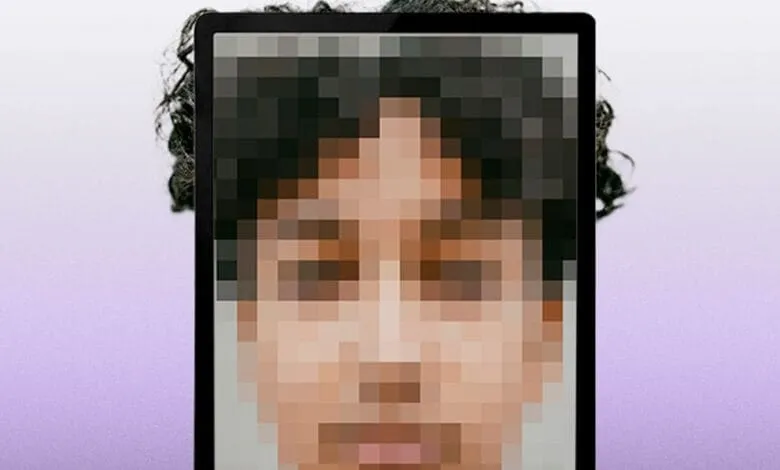 Pixelated face on a screen, dark hair visible at the edges. Lavender background.