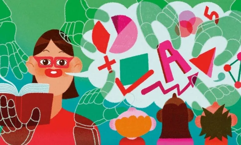 Teacher reading a book, surrounded by children & AI hands offering data & knowledge. Bright colors, playful style.